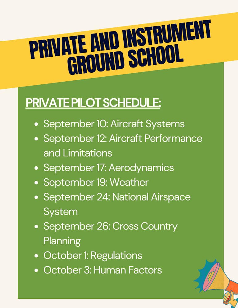 Ground school informational banner focused on Private Pilot with a bullet point list of the schedule