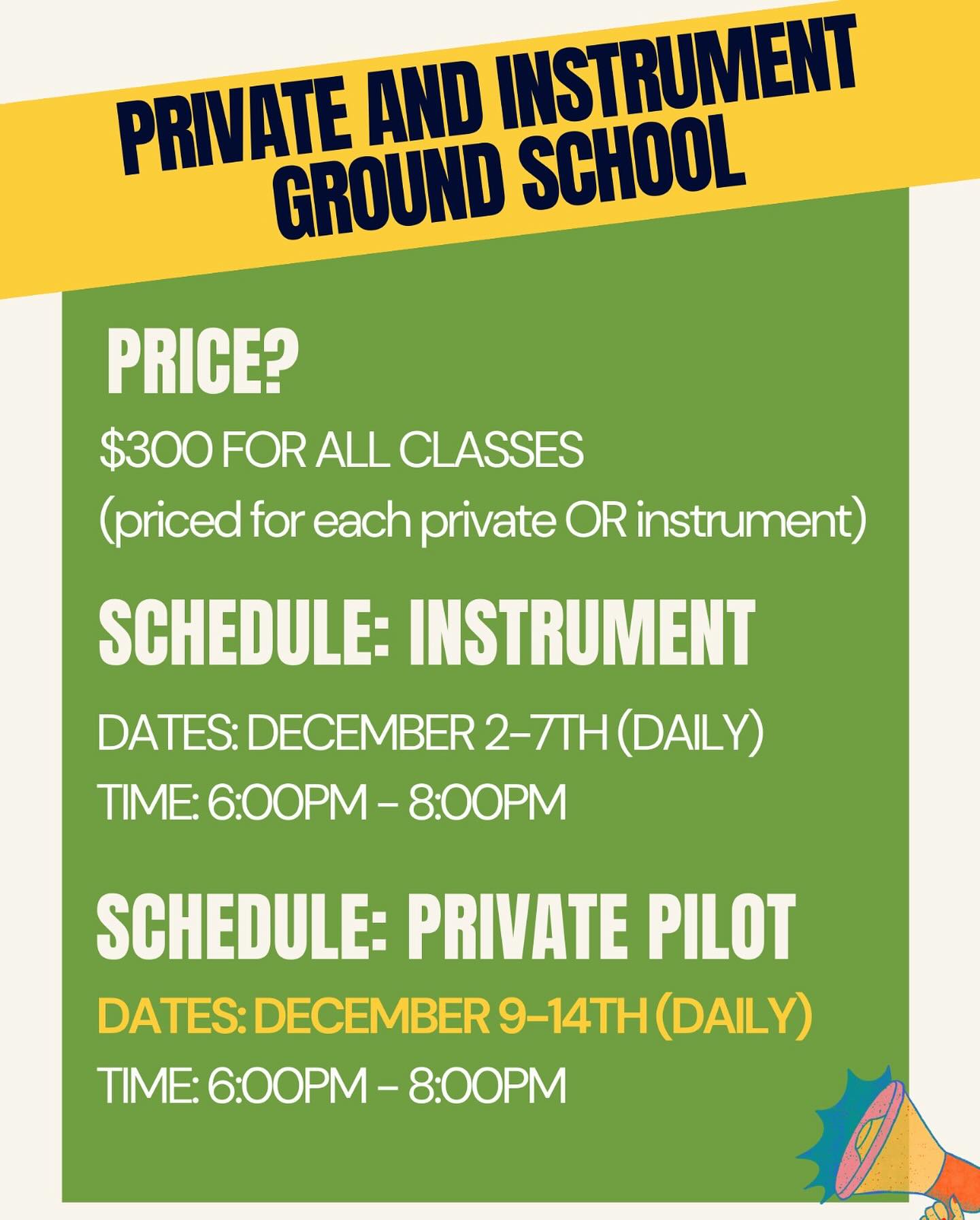 Promotional banner for VegasAviation.com showcasing an upcoming Private Pilot ground school program, featuring aviation- key details about enrollment, schedule, and preparation for aspiring pilots