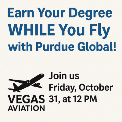 Purdue University Global aviation students in a commercial jet cockpit preparing for landing at sunset — representing the Purdue Global and Vegas Aviation professional flight partnership event.